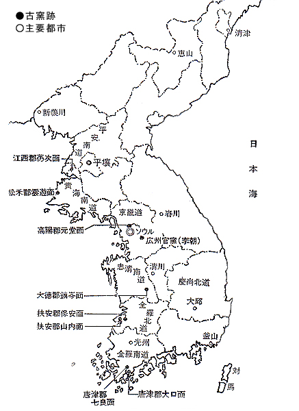 朝鮮半島の主な古窯地図